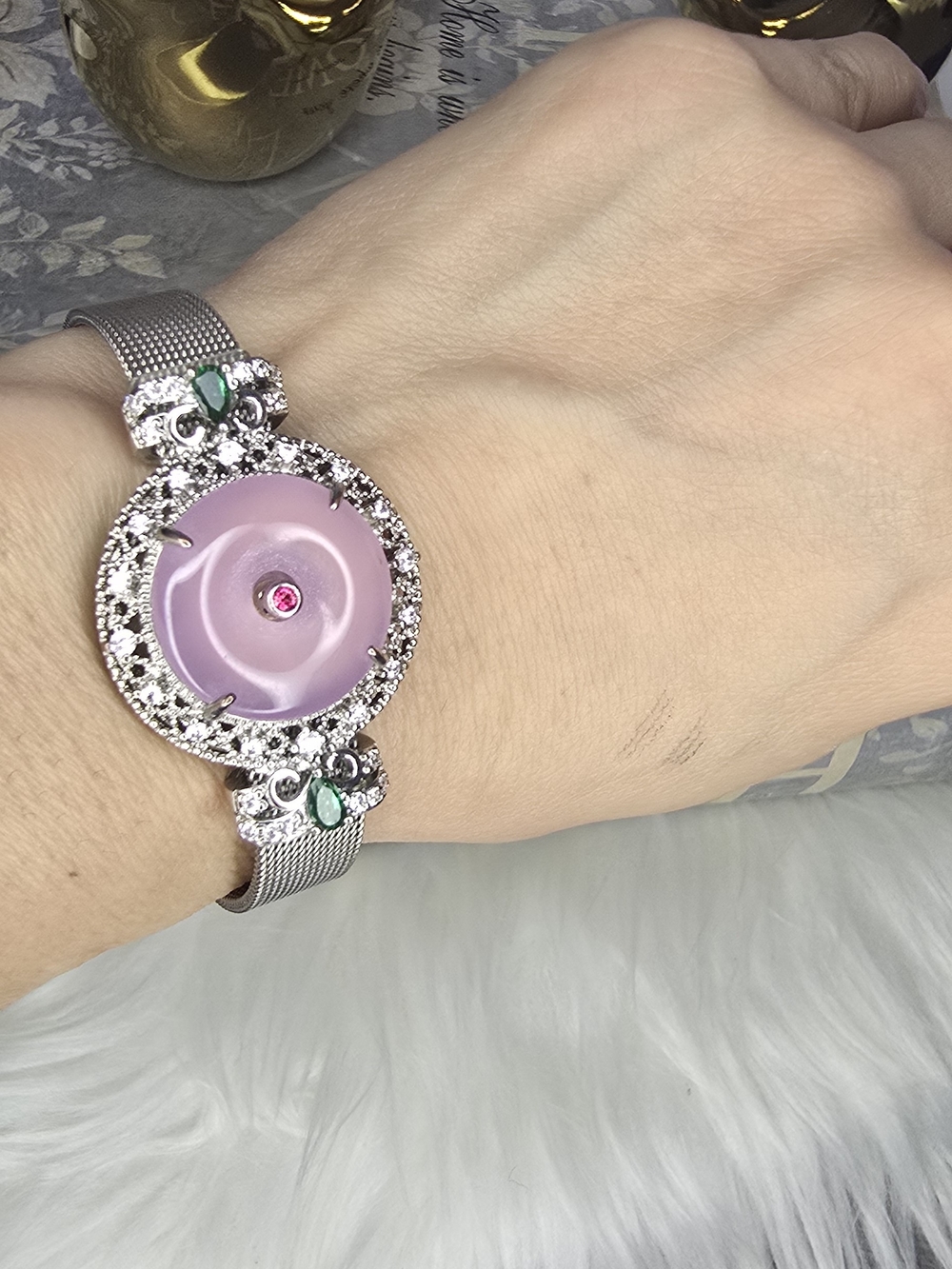 Real Agate Gemstone Lavender Pink Donut Bracelet With Rhinestone